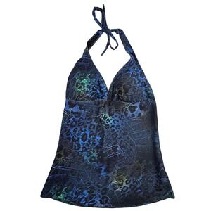 Hapari Womens Blue Green Animal Croc Print Halter Tankini Swim Top Size Medium